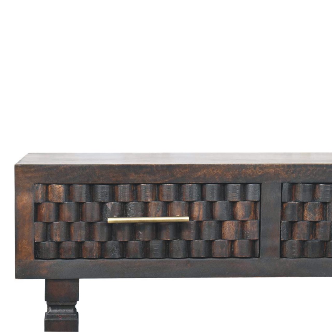 Solid Mango Wood Velvet Mocha 2 Drawer Cadiz Carved Slim Console - Image 3