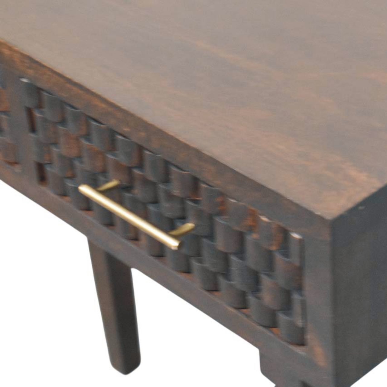 Solid Mango Wood Velvet Mocha 2 Drawer Cadiz Carved Slim Console - Image 4