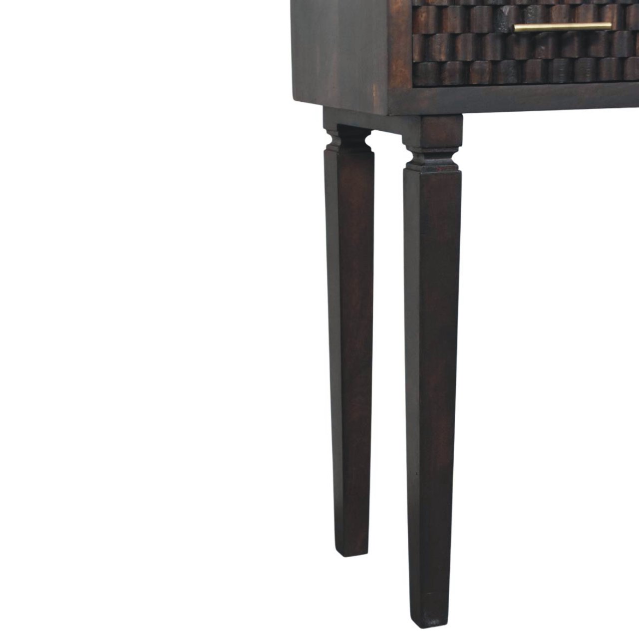 Solid Mango Wood Velvet Mocha 2 Drawer Cadiz Carved Slim Console - Image 6