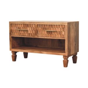 Solid Mango Wood Golden Teak Cadiz Carved Entryway 2 Drawer Shoe Cabinet