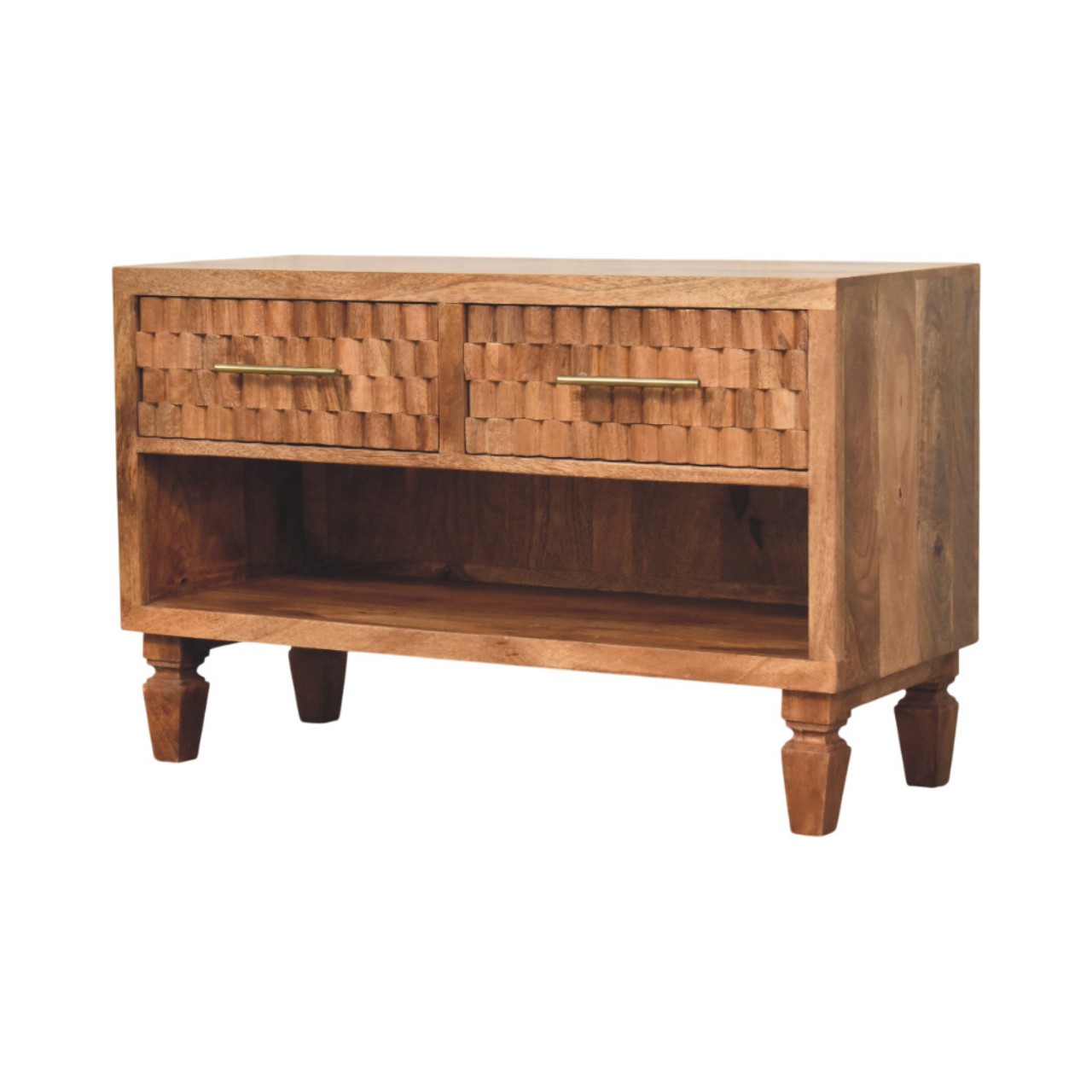 Solid Mango Wood Golden Teak Cadiz Carved Entryway 2 Drawer Shoe Cabinet
