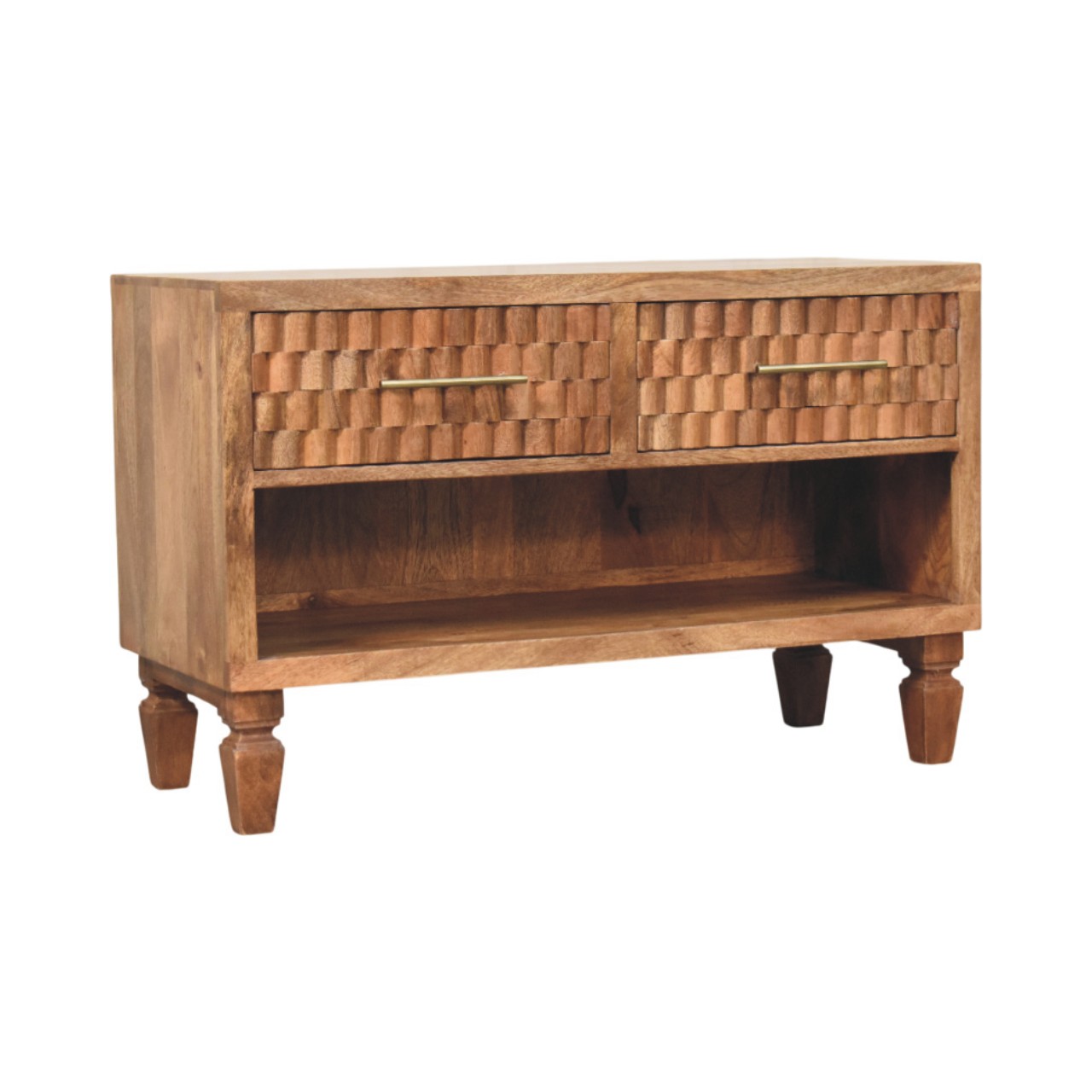 Solid Mango Wood Golden Teak Cadiz Carved Entryway 2 Drawer Shoe Cabinet - Image 2