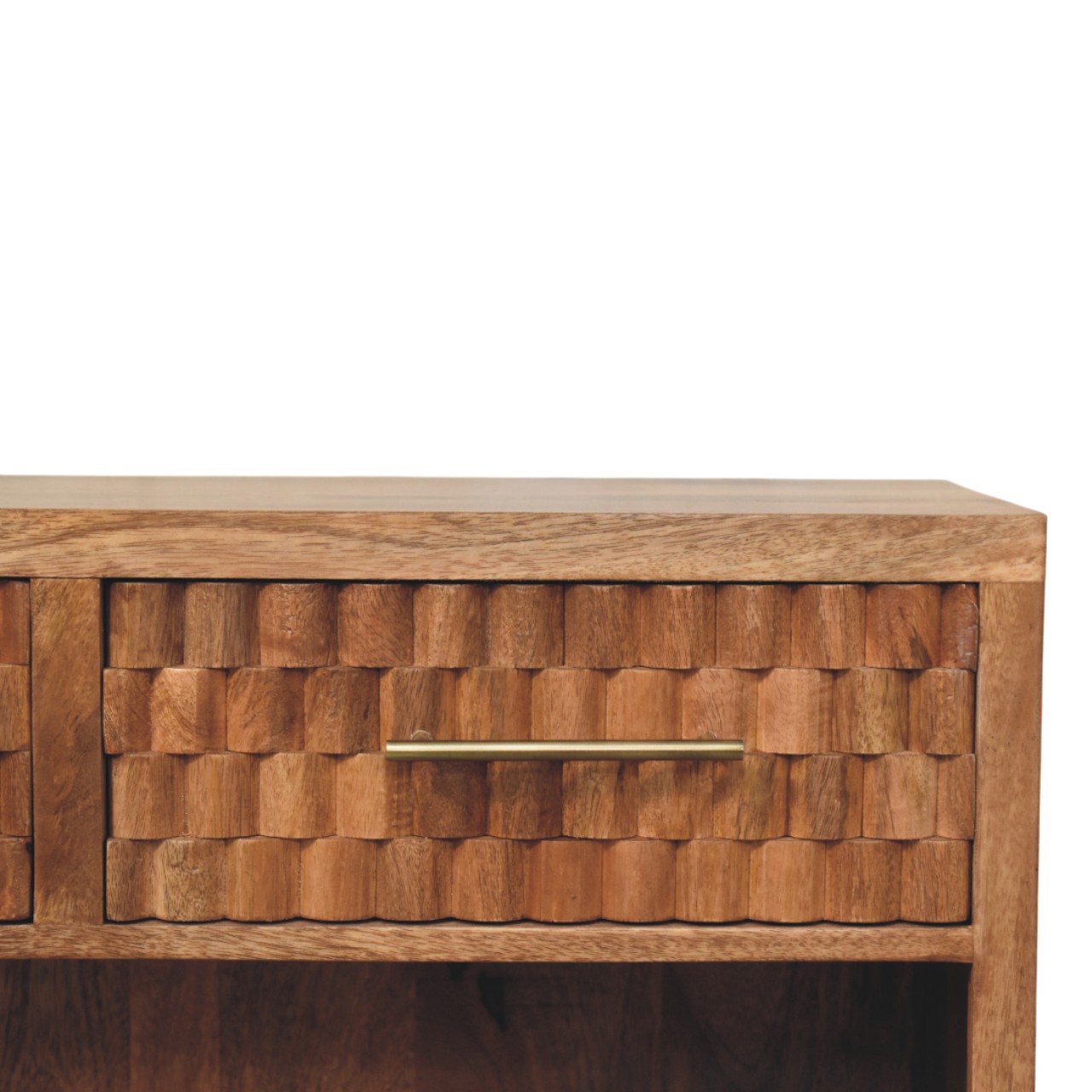 Solid Mango Wood Golden Teak Cadiz Carved Entryway 2 Drawer Shoe Cabinet - Image 3
