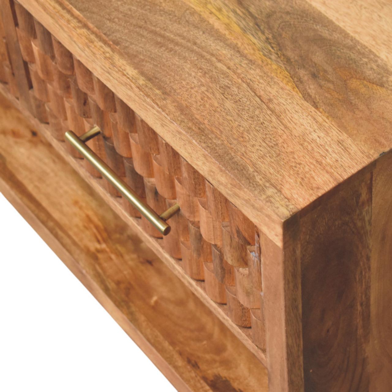 Solid Mango Wood Golden Teak Cadiz Carved Entryway 2 Drawer Shoe Cabinet - Image 4