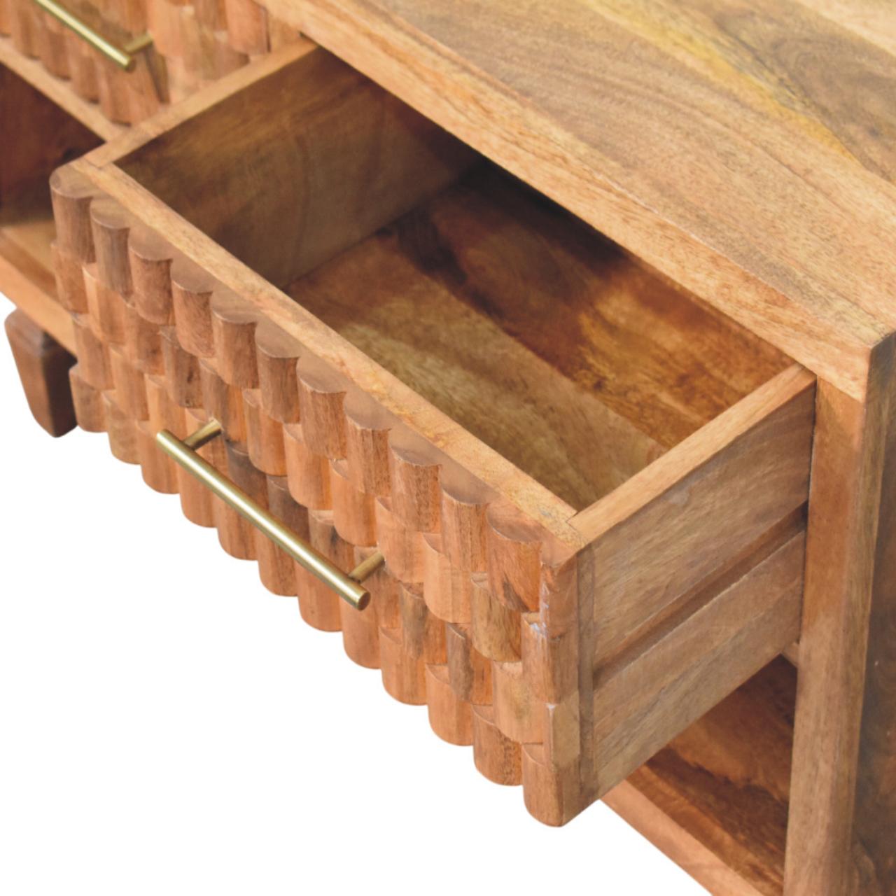 Solid Mango Wood Golden Teak Cadiz Carved Entryway 2 Drawer Shoe Cabinet - Image 5