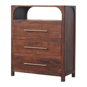 Solid Mango Wood Wine Wood Finished Arched Edge 3 Drawer Chest