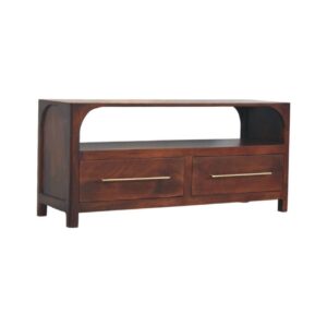 Solid Mango Wood Wine Wood Finished Arched Edge 2 Drawer Media Unit