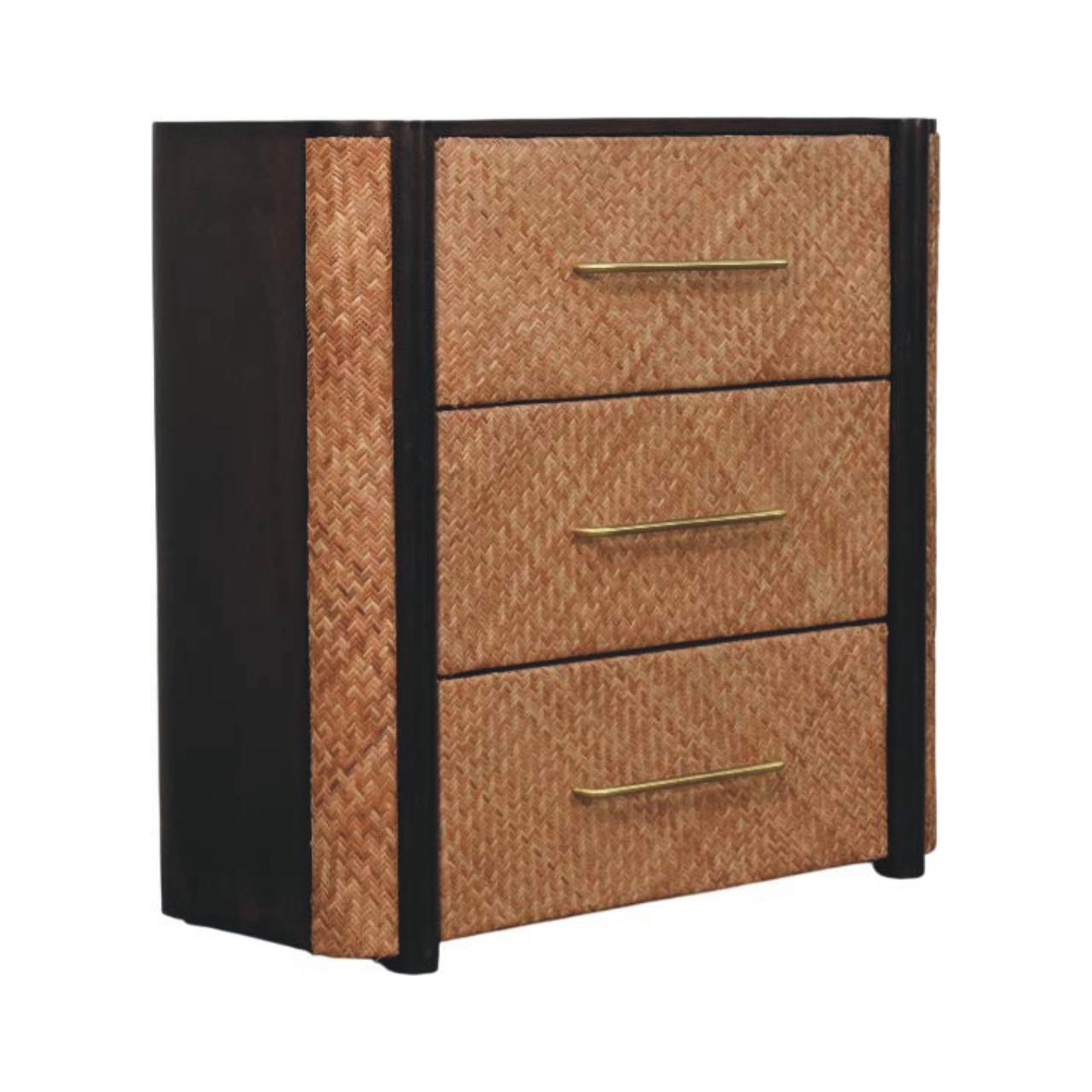 Solid Mango Wood Velvet Mocha Finished Havana Weave 3 Drawer Chest