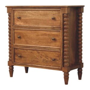 Solid Mango Wood Amber Oak Finished Spindle Leg 3 Drawer Chest of Drawers