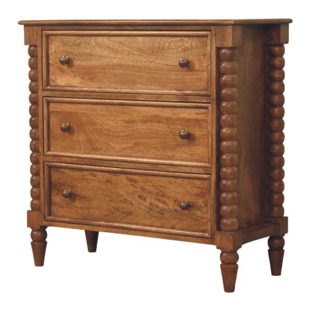 Solid Mango Wood Amber Oak Finished Spindle Leg 3 Drawer Chest of Drawers