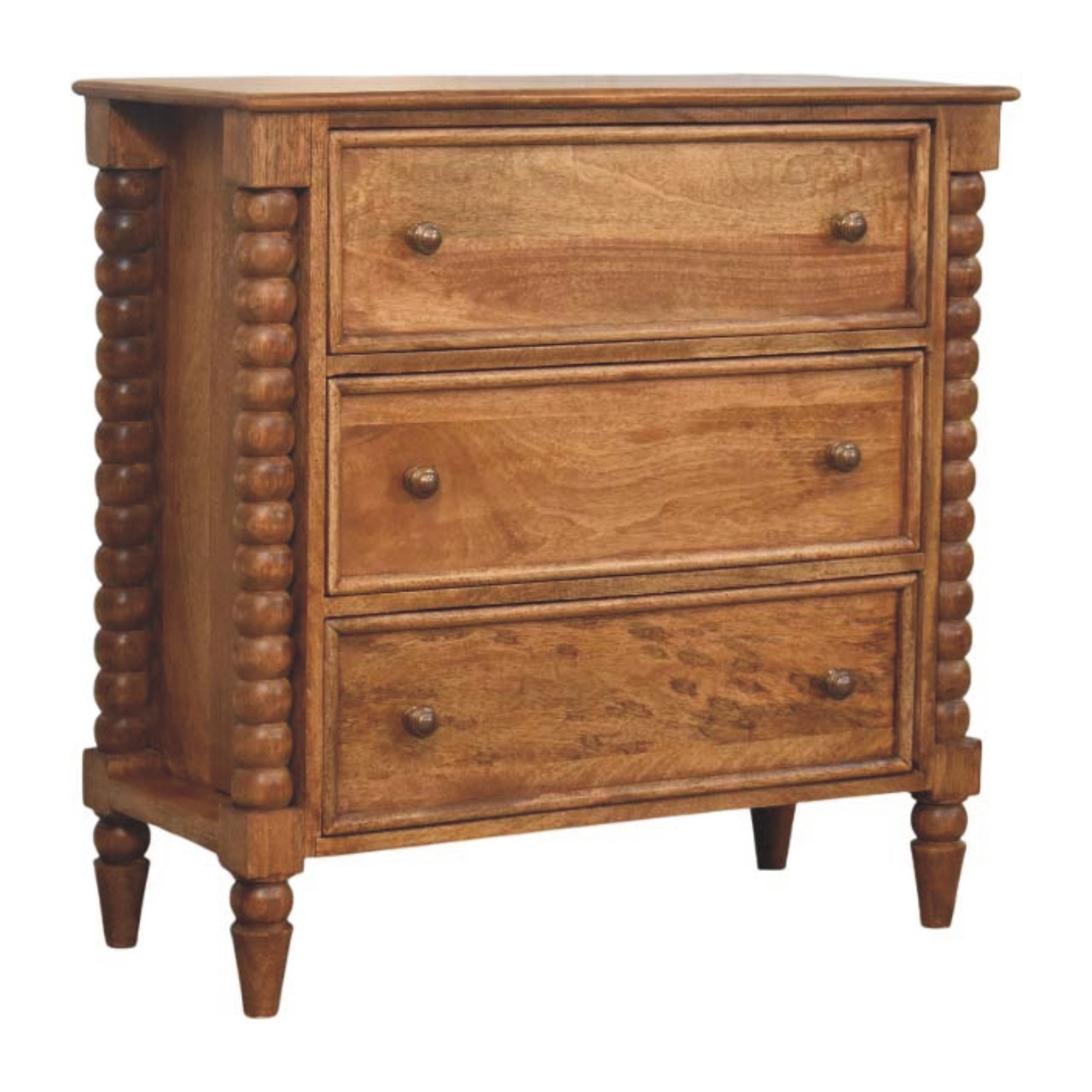 Solid Mango Wood Amber Oak Finished Spindle Leg 3 Drawer Chest of Drawers - Image 2