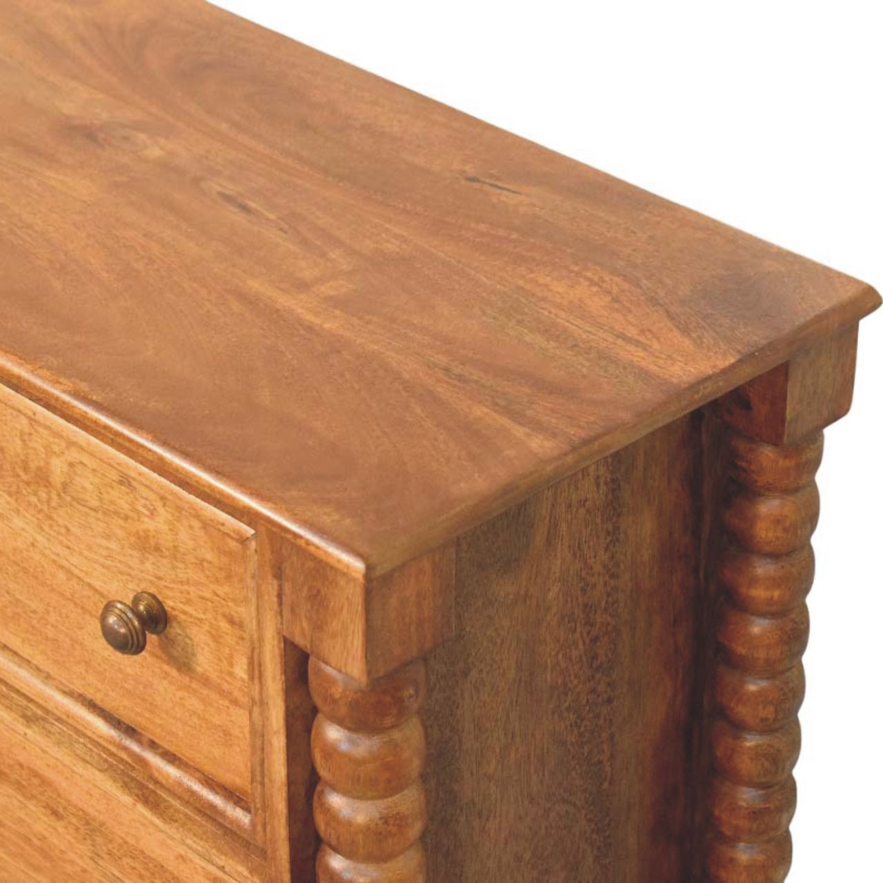 Solid Mango Wood Amber Oak Finished Spindle Leg 3 Drawer Chest of Drawers - Image 4