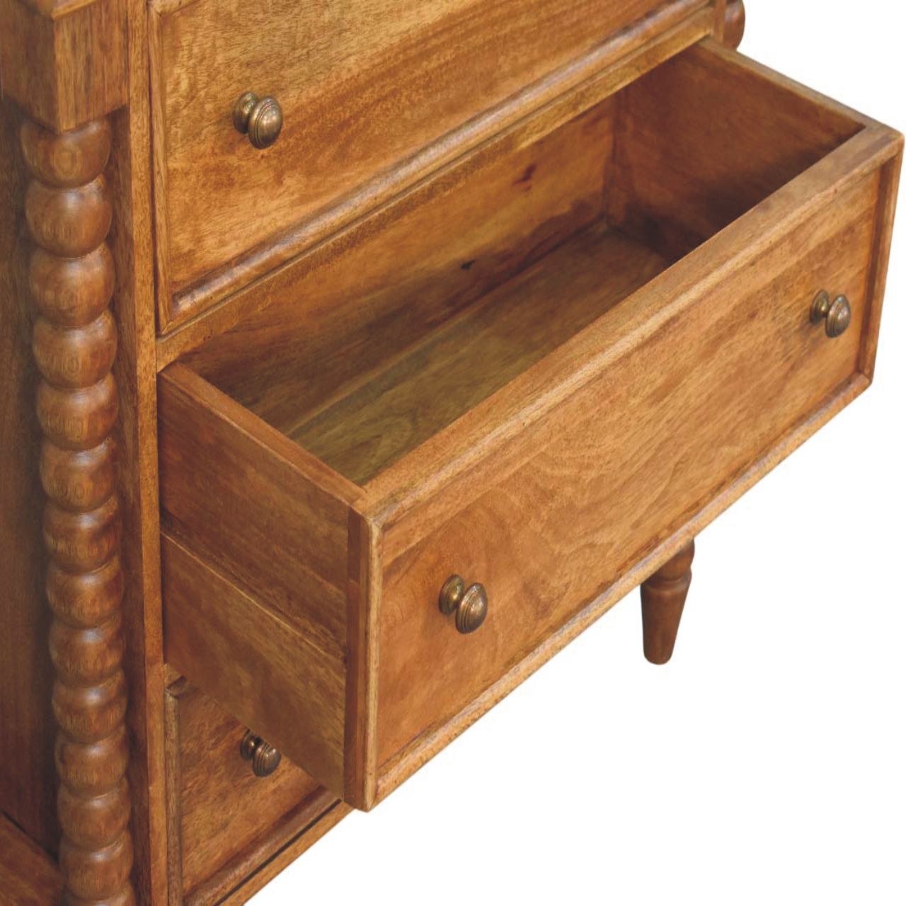 Solid Mango Wood Amber Oak Finished Spindle Leg 3 Drawer Chest of Drawers - Image 5