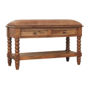 Solid Mango Wood Amber Oak Spindle Legs 2 Drawer Leather Bench