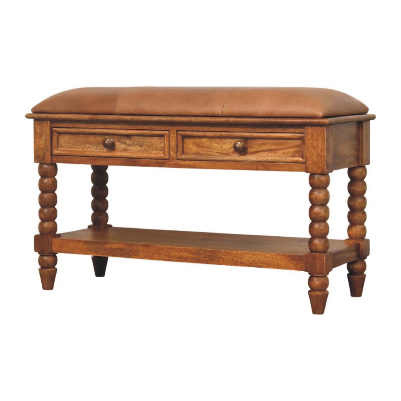 Solid Mango Wood Amber Oak Spindle Legs 2 Drawer Leather Bench - Image 2