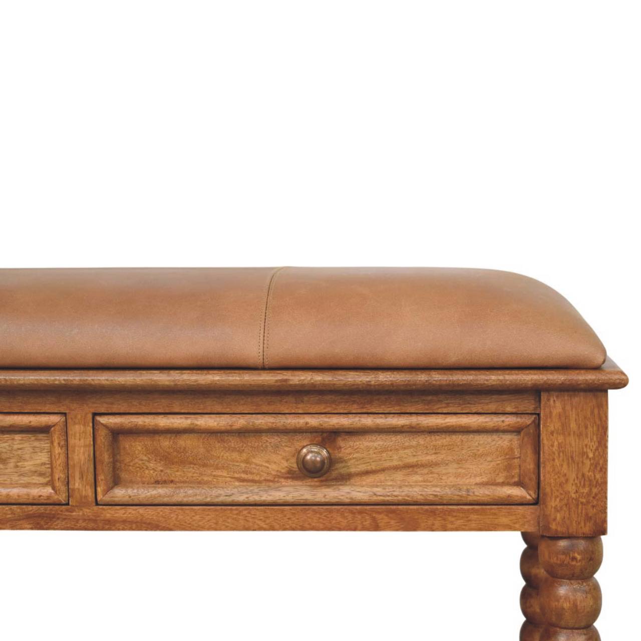 Solid Mango Wood Amber Oak Spindle Legs 2 Drawer Leather Bench - Image 3