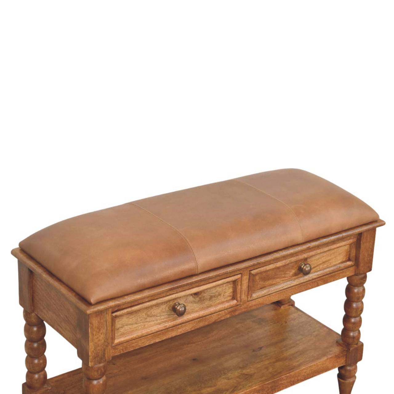Solid Mango Wood Amber Oak Spindle Legs 2 Drawer Leather Bench - Image 4
