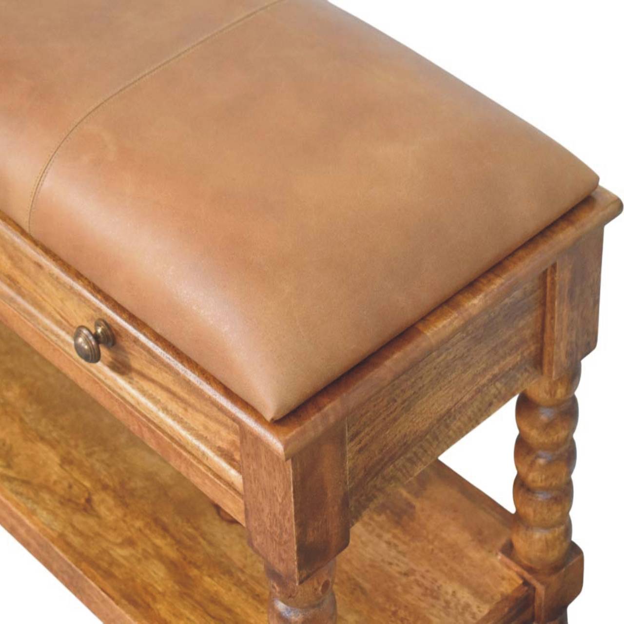 Solid Mango Wood Amber Oak Spindle Legs 2 Drawer Leather Bench - Image 5