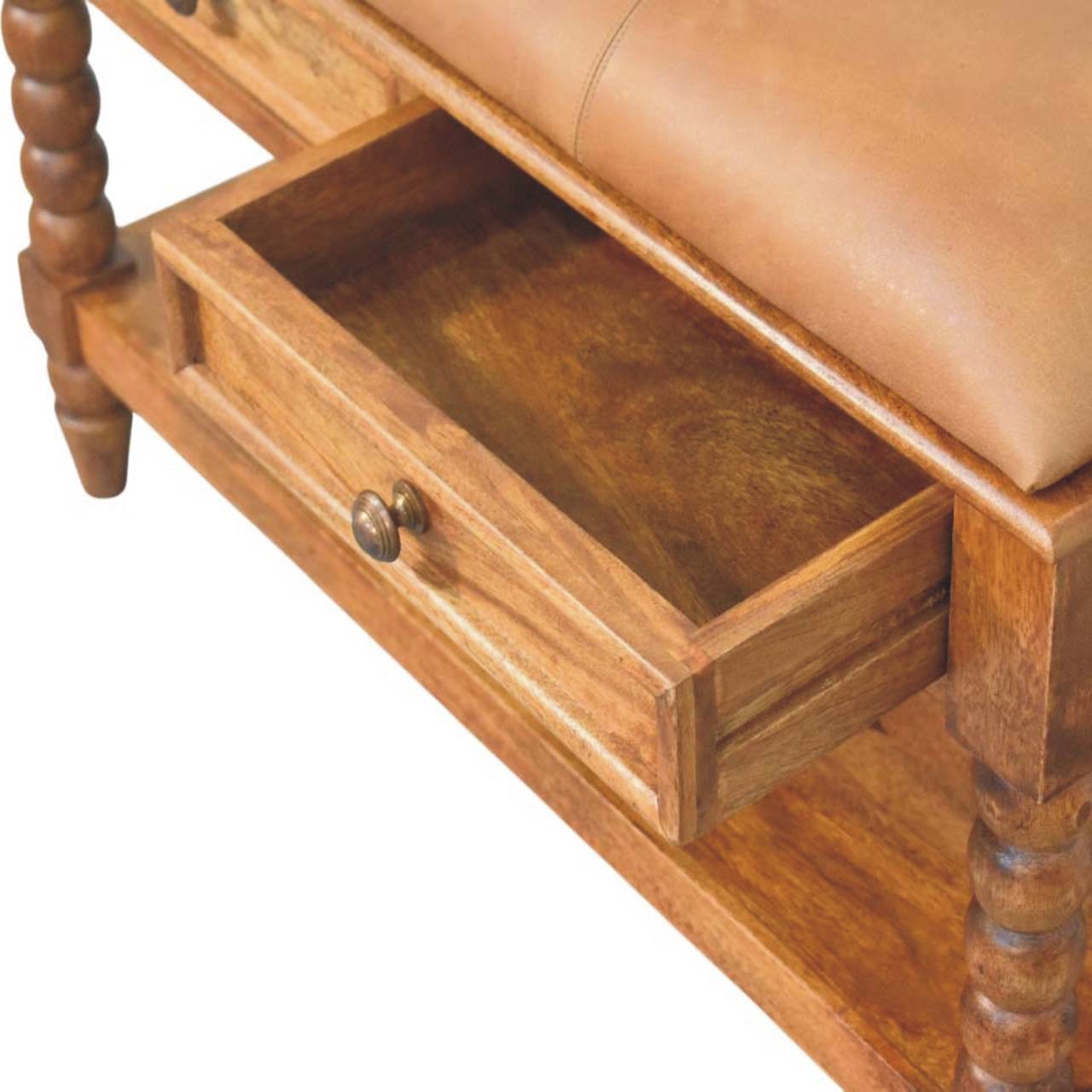 Solid Mango Wood Amber Oak Spindle Legs 2 Drawer Leather Bench - Image 6