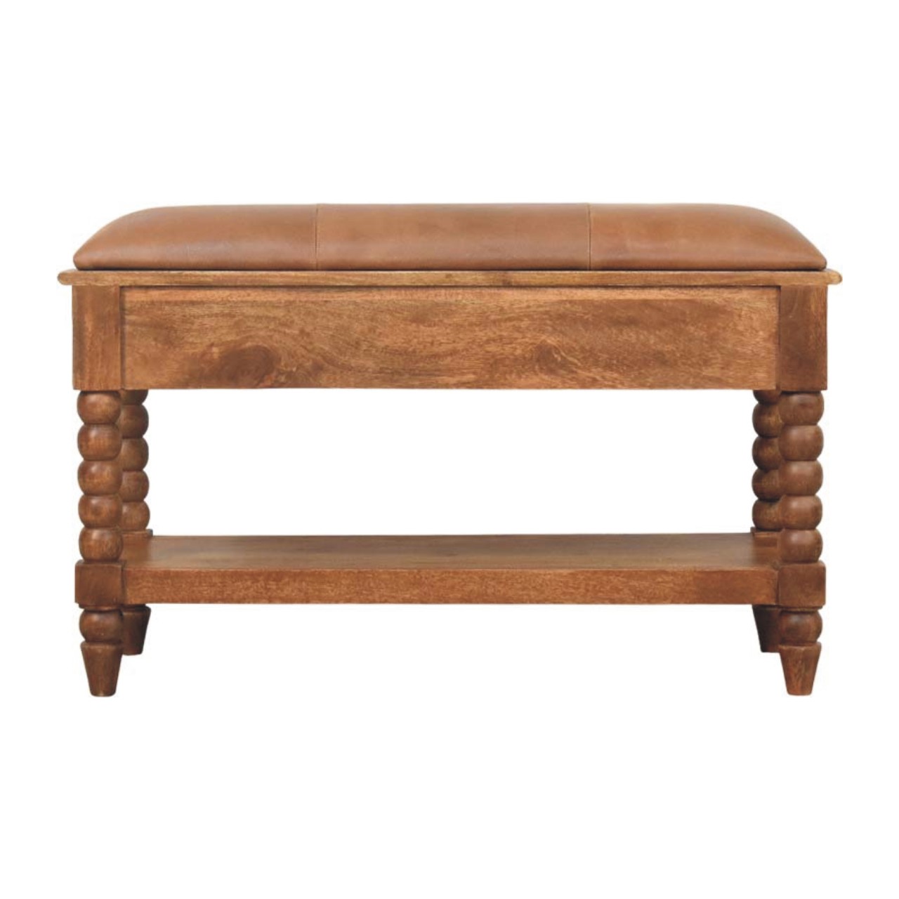 Solid Mango Wood Amber Oak Spindle Legs 2 Drawer Leather Bench - Image 8