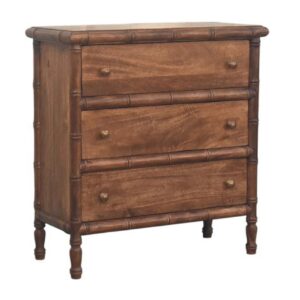 Solid Mango Wood Roasted Almond Finished Bamboo Carved 3 Drawer Chest