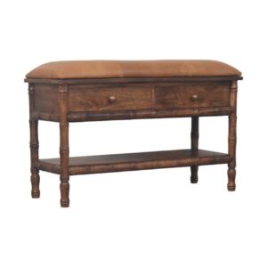 Solid Mango Wood Roasted Almond Finished Bamboo Carved Upholstered Storage Bench