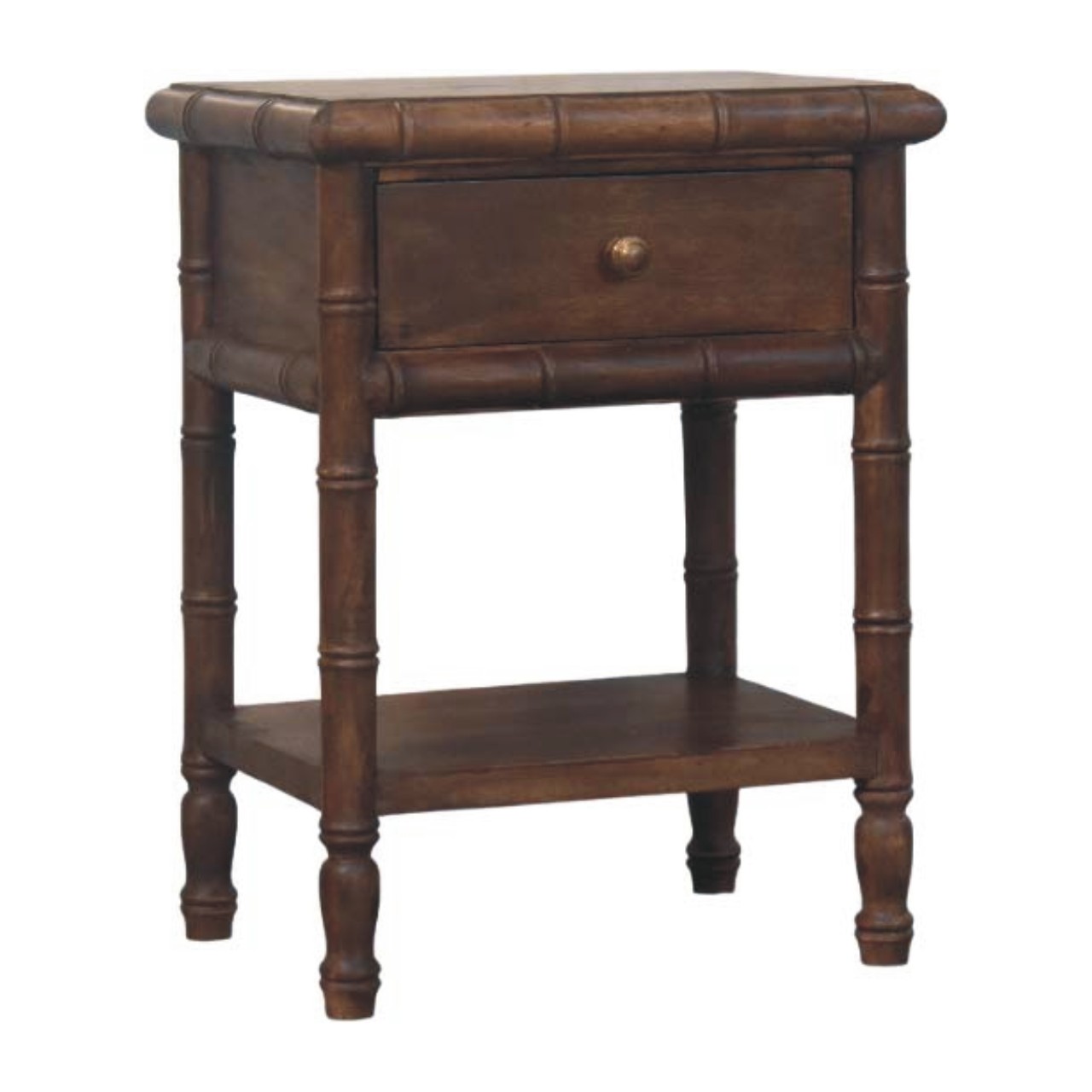 Solid Mango Wood Roasted Almond 1 Drawer Bamboo Carved Bedside Table