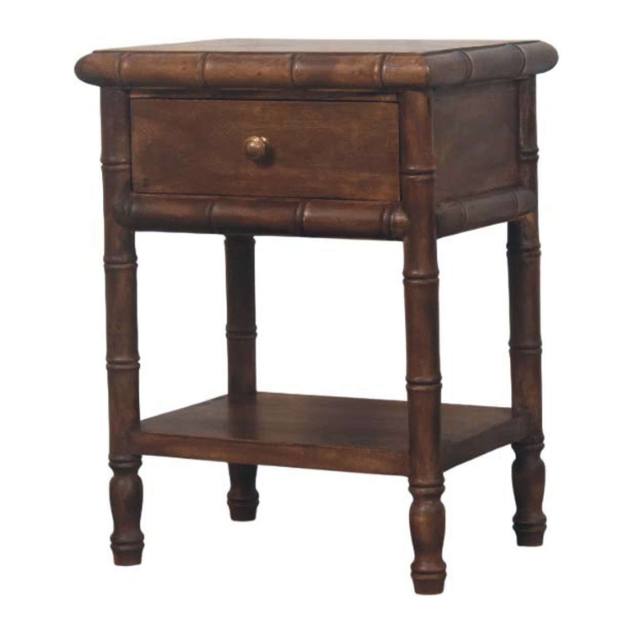 Solid Mango Wood Roasted Almond 1 Drawer Bamboo Carved Bedside Table - Image 2