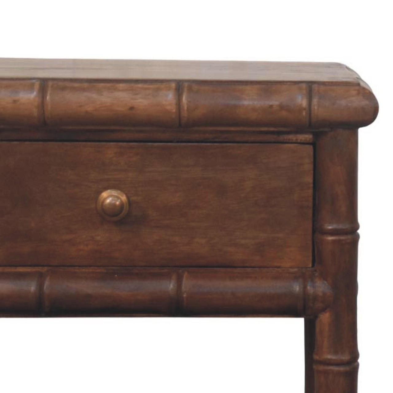 Solid Mango Wood Roasted Almond 1 Drawer Bamboo Carved Bedside Table - Image 3