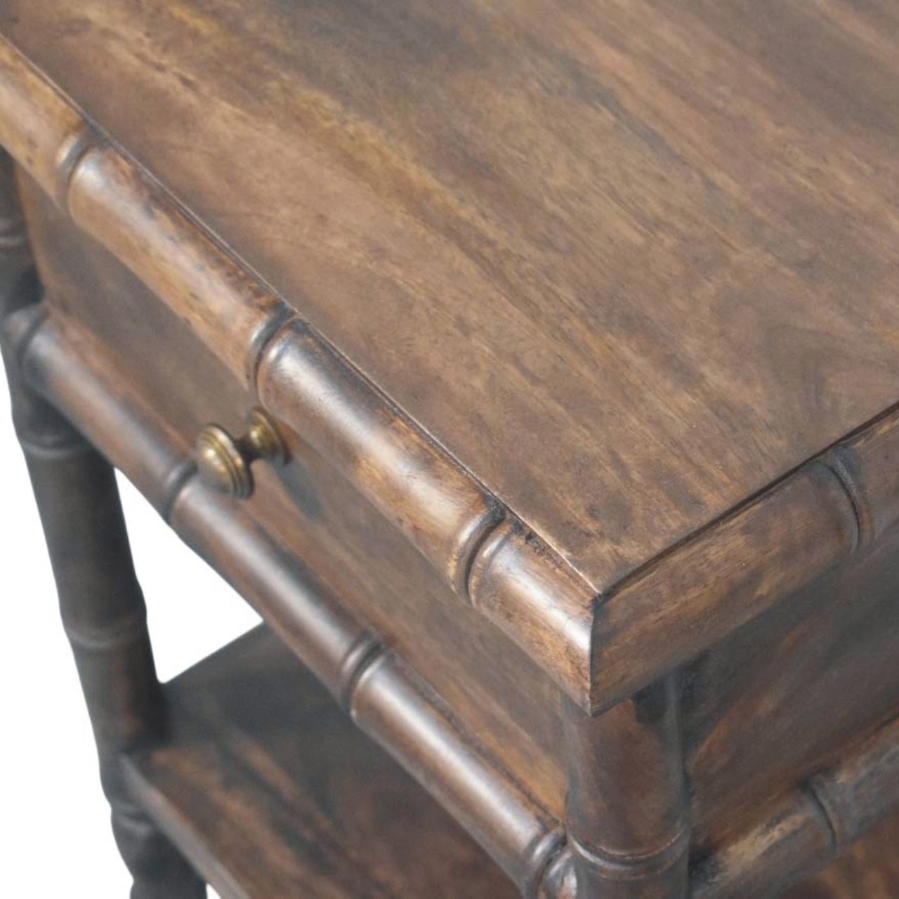 Solid Mango Wood Roasted Almond 1 Drawer Bamboo Carved Bedside Table - Image 4