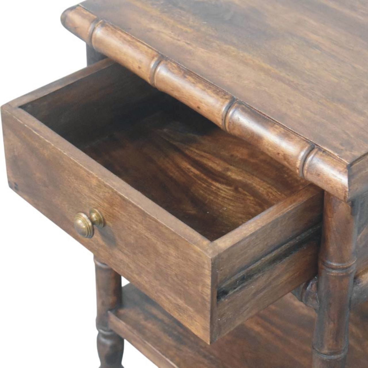 Solid Mango Wood Roasted Almond 1 Drawer Bamboo Carved Bedside Table - Image 5