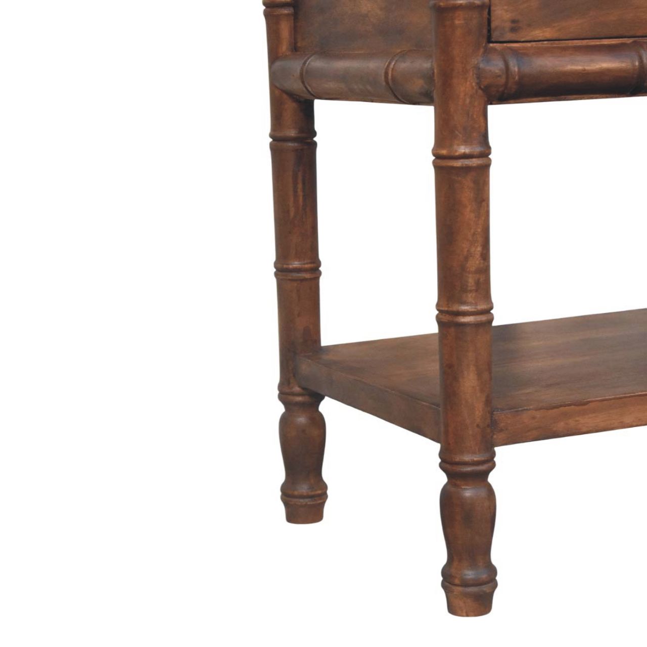 Solid Mango Wood Roasted Almond 1 Drawer Bamboo Carved Bedside Table - Image 6