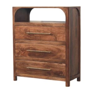 Solid Mango Wood Roasted Almond Finished Arc-Line 3 Drawer Chest