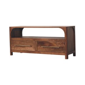 Solid Mango Wood Roasted Almond Finished Arc-Line 2 Drawer Media Console