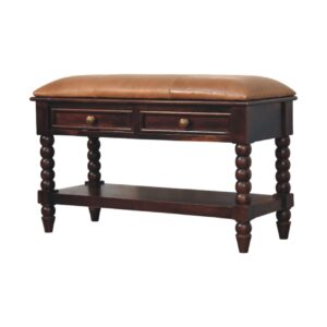 Solid Mango Wood Wine Wood Finished Spindle Leg Leather Bench
