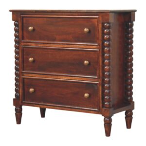 Solid Mango Wood Wine Wood Finished Spindle Leg 3 Drawer Chest
