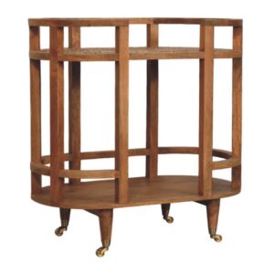 Solid Mango Wood Golden Teak Finished 2 Shelf Saffron Rattan Butler Table