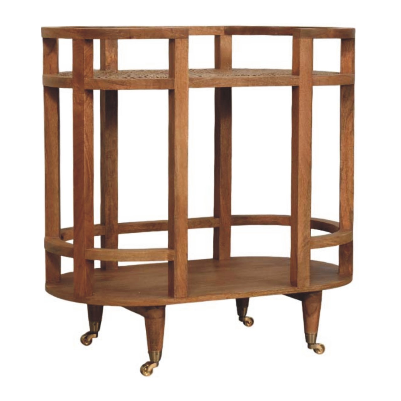 Solid Mango Wood Golden Teak Finished 2 Shelf Saffron Rattan Butler Table