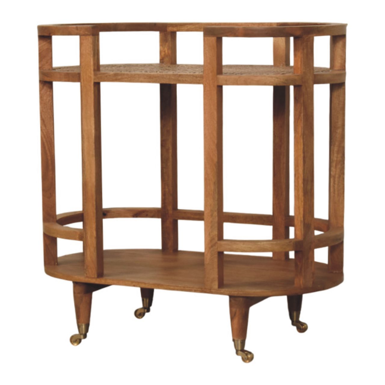 Solid Mango Wood Golden Teak Finished 2 Shelf Saffron Rattan Butler Table - Image 2