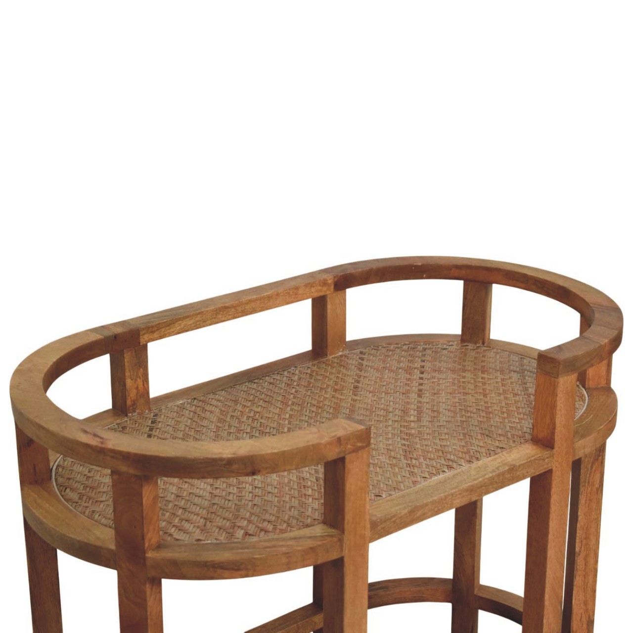 Solid Mango Wood Golden Teak Finished 2 Shelf Saffron Rattan Butler Table - Image 4