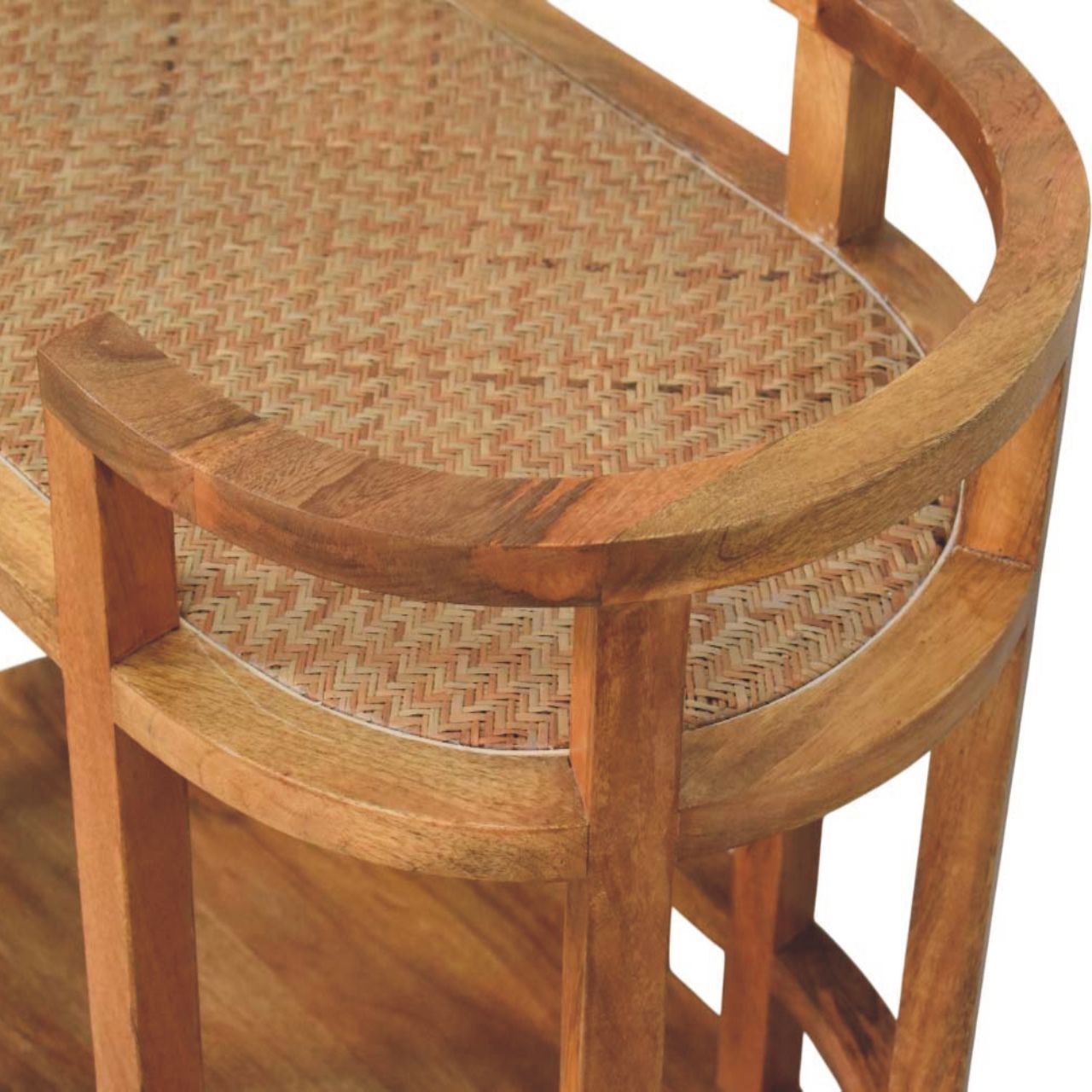 Solid Mango Wood Golden Teak Finished 2 Shelf Saffron Rattan Butler Table - Image 5