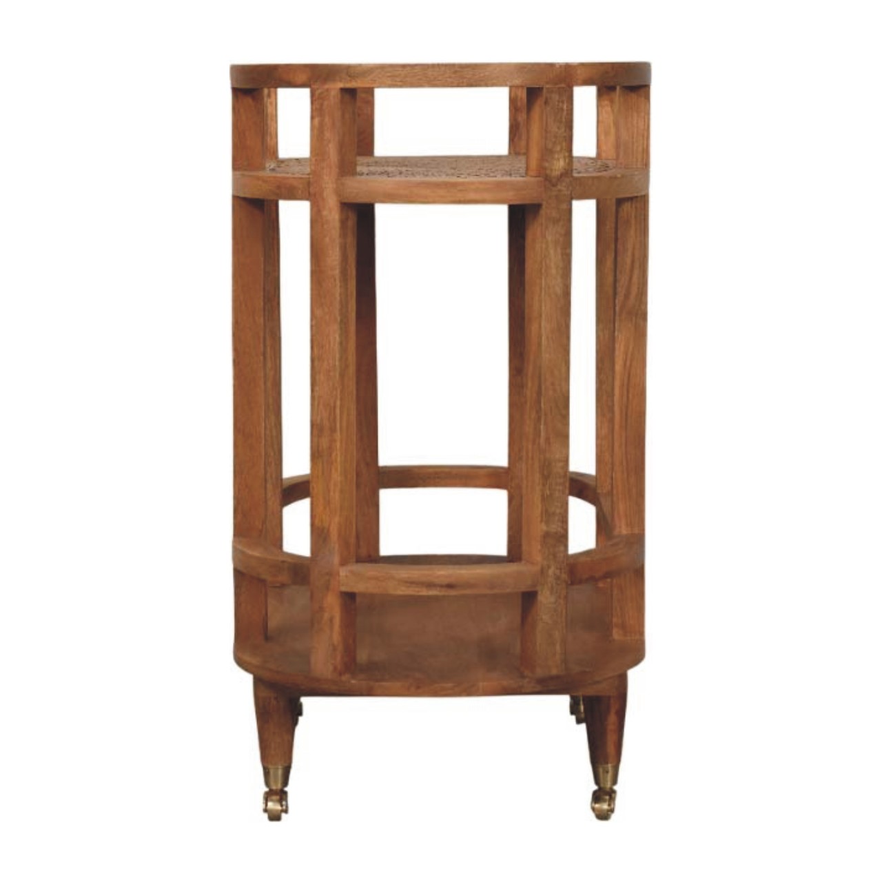 Solid Mango Wood Golden Teak Finished 2 Shelf Saffron Rattan Butler Table - Image 7