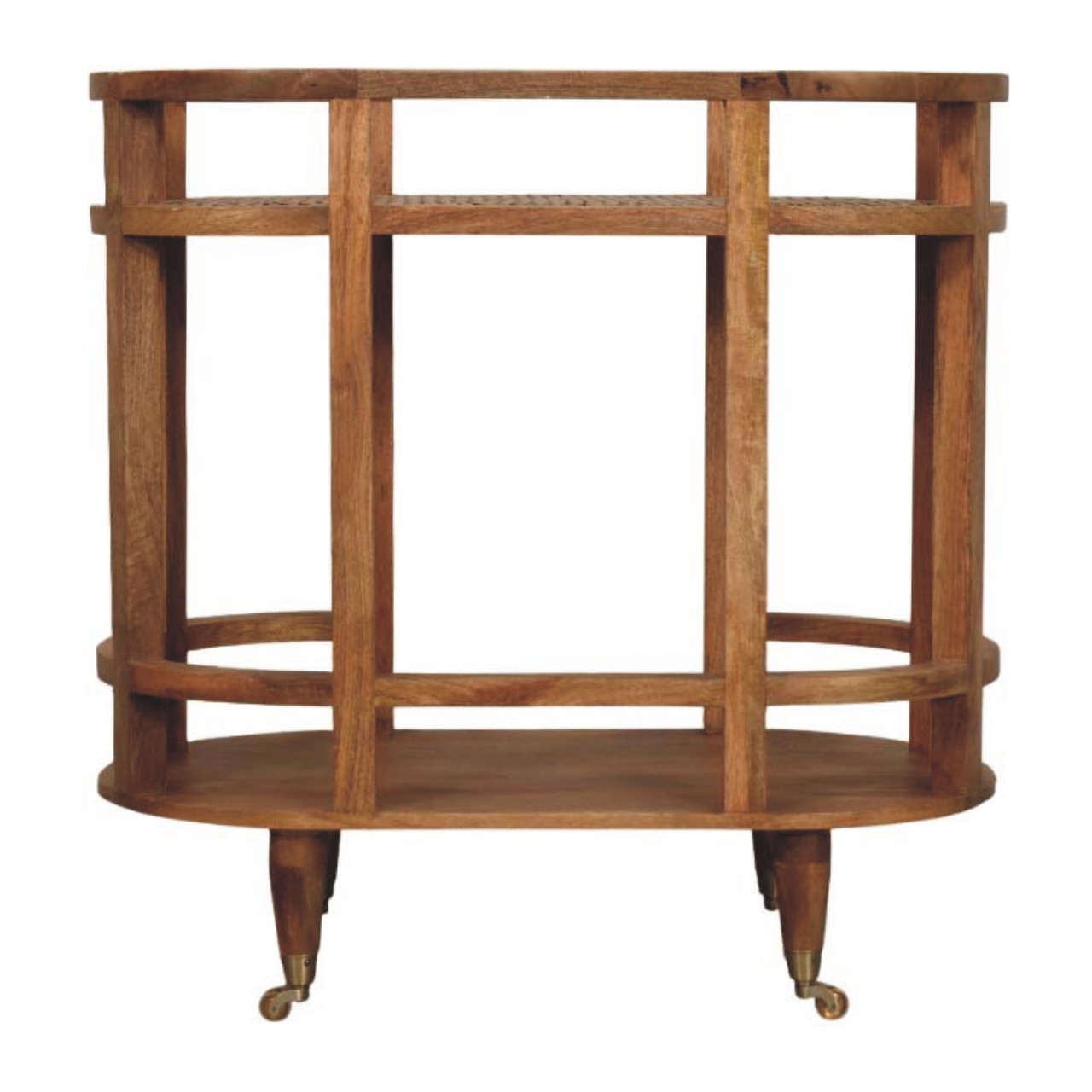 Solid Mango Wood Golden Teak Finished 2 Shelf Saffron Rattan Butler Table - Image 8
