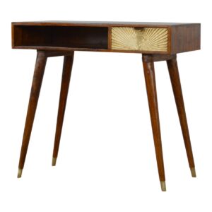 Solid Chestnut Finished Mango Wood Desk with Sunrise Carved Drawer Front and Slot