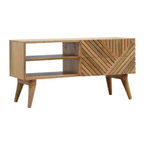 Solid Oak Finished Mango Wood Scandinavian Style 2 Drawer Lined Design Media Unit