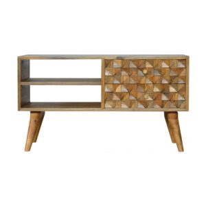 Solid Mango Wood Diamond Carved Oak Finished Media Unit