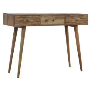 Solid Mango Wood Oak Finished 3 Drawer Patchwork Console Table