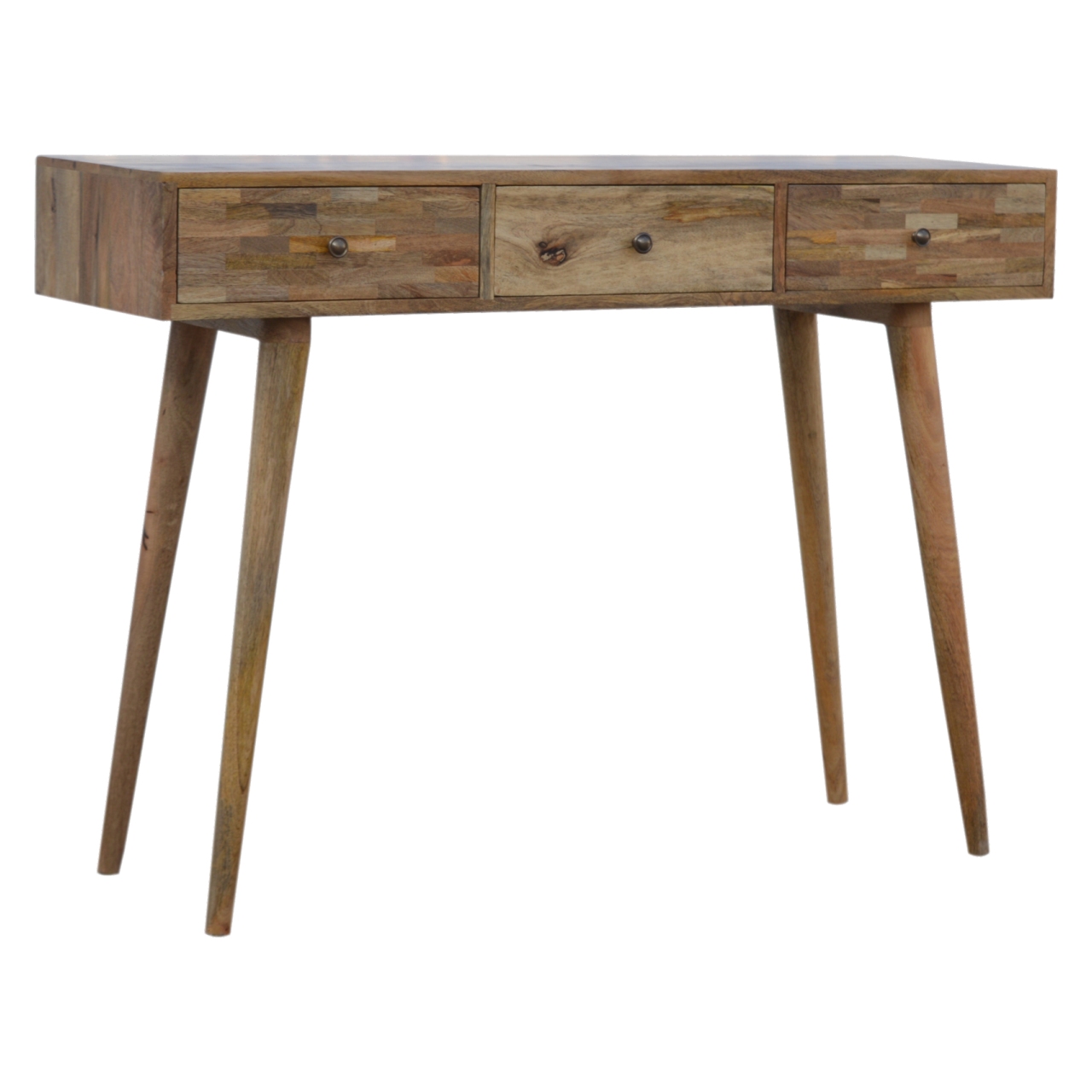 Solid Mango Wood Oak Finished 3 Drawer Patchwork Console Table