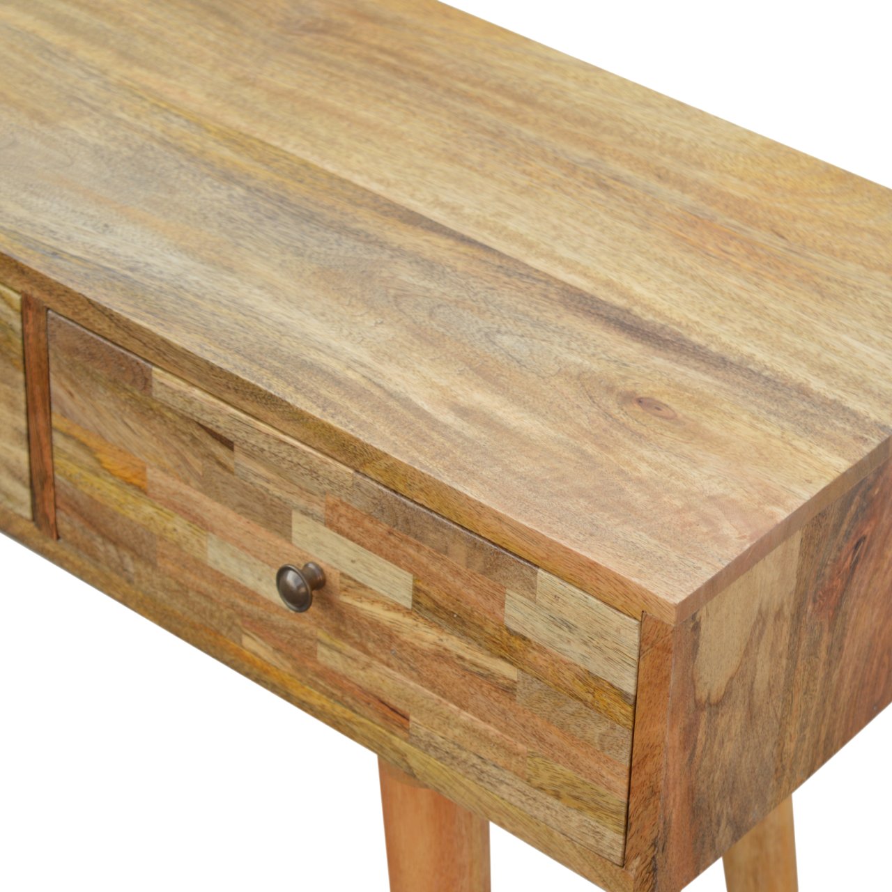 Solid Mango Wood Oak Finished 3 Drawer Patchwork Console Table - Image 3
