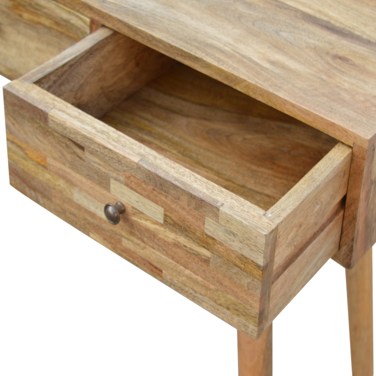 Solid Mango Wood Oak Finished 3 Drawer Patchwork Console Table - Image 4